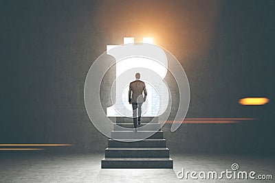 Rear view of a businessman, bitcoin sign, stairs Stock Photo