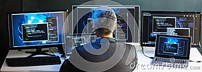 Businessman Looking At Multiple Computer Screens Stock Photo