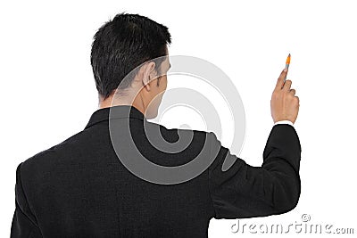 Rear view of businessman pointing at copyspace with pen, isolate Stock Photo