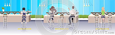 Rear view cafe visitors keeping distance to prevent coronavirus epidemic social distancing concept Vector Illustration