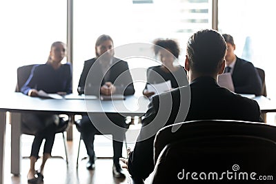 Rear view candidate waiting for hr managers decision on interview Stock Photo