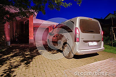 Rear view of the compact minivan Opel Combo Life in the courtyard Editorial Stock Photo