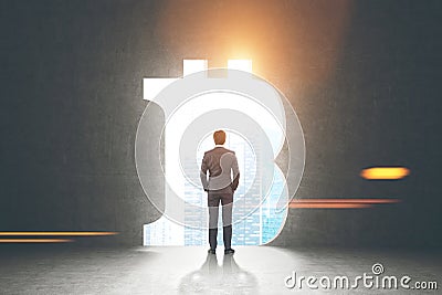 Confident businessman, bitcoin sign Stock Photo