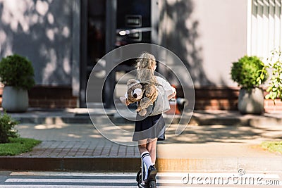 rear view of cute little schoolkid with backpack and teddy bear riding scooter on street Stock Photo