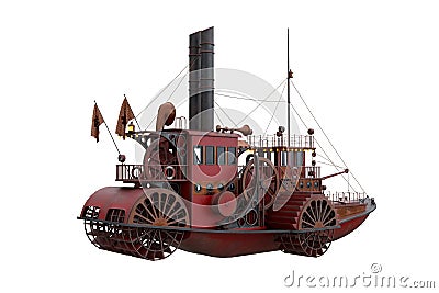 Rear view 3D rendering of a Steampunk styled paddle steamer boat isolated on a white background Cartoon Illustration