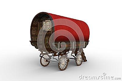 Rear view 3D rendering of a traditional red roofed Romany gypsy caravan isolated on white Cartoon Illustration