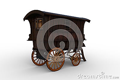 Rear view 3D rendering of a vintage wooden Romany gypsy caravan isolated on white Cartoon Illustration