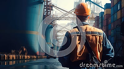 Rear view of dock workers standing in shipyard, Industry with cargo ship Stock Photo