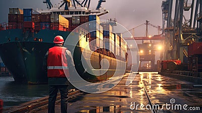 Rear view of dock workers standing in shipyard, Industry with cargo ship Stock Photo