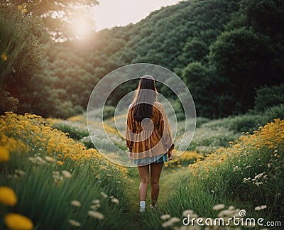 rear view domestic travel with nature concept. Asia traveller woman walking relax in garden, generative ai tool Stock Photo