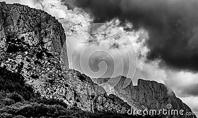 Rear view of El Puig Campana in black and white Stock Photo