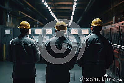 Rear view of factory workers in hardhats standing in warehouse, Industrial workers full rear view working on Industrial space, AI Stock Photo