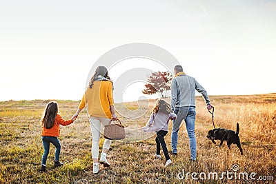 A rear view of family with two small children and a dog on a walk in autumn nature. Stock Photo