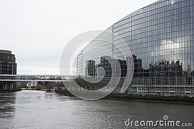 Rear view of the famous european parliament in border the Il river Editorial Stock Photo