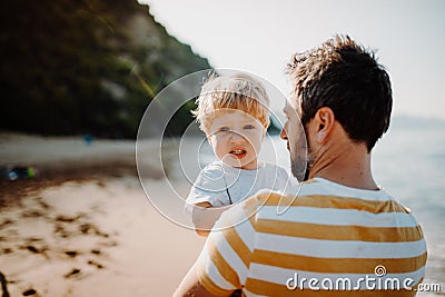 Rear view of father with a toddler boy standing on beach on summer holiday. Stock Photo