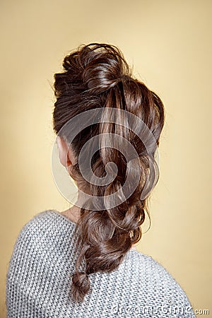 Rear view of female hairstyle volume braid. Stock Photo