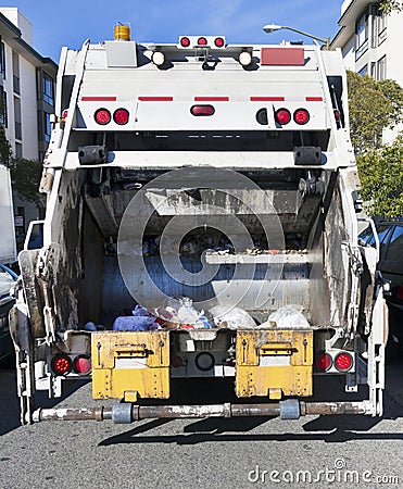 Rear View Garbage Truck Stock Photo