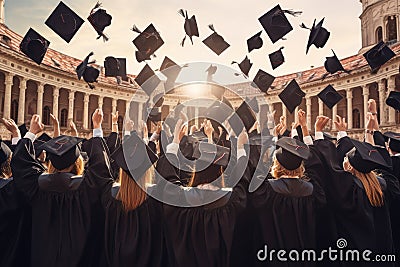 Rear view of a group of graduates throwing caps in the air, rear view of A group of graduates tips their graduation caps upwards, Stock Photo