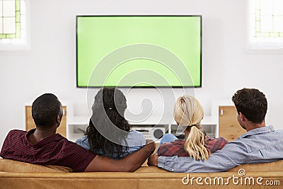 Rear View Of Group Of Young Friends Watching Television Together Stock Photo