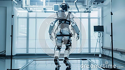 Rear view of a humanoid robot undergoing testing and calibration in a controlled laboratory, AI Generated Stock Photo