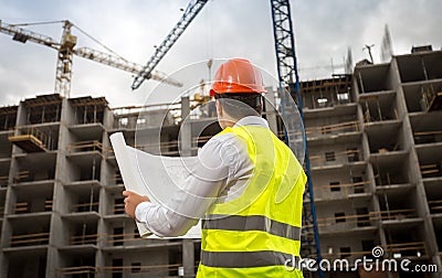 Rear view image of construction engineer looking at blueprints and working cranes on building site Stock Photo