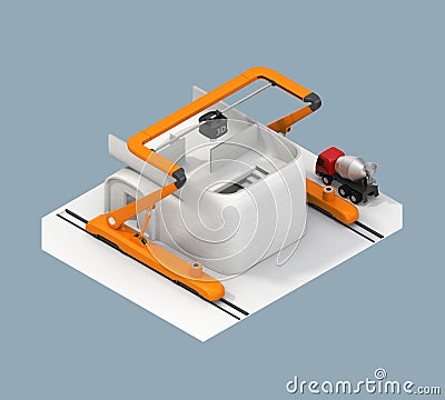 Rear view of industrial 3D printer printing house model. Stock Photo