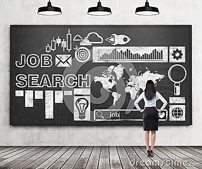 Rear view of a lady in formal clothes who is looking at the huge black chalk board with drawn icons about job search proc Stock Photo