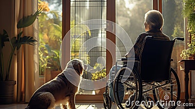 Rear View Lonely elderly senior man in a wheelchair with his dog in nursing home looking out the window. Generative AI Stock Photo