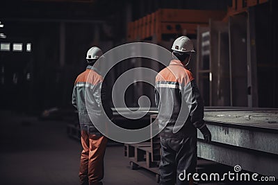 Rear view of male and female engineers working in a warehouse. Male manual workers full rear view in the factory, Ai Generated Stock Photo