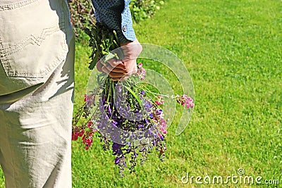 Rear view of a man, holding a bunch of wildflowers Stock Photo