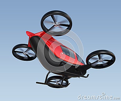 Rear view of metallic red self-driving passenger drone flying in the sky Stock Photo