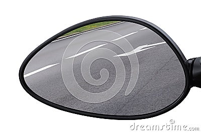 Rear view mirror reflecting road, left side lateral, macro closeup, tarmac asphalt background reflection, white lines, arrows Stock Photo