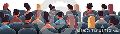 Rear view mix race businesspeople sitting on corporate conference public seminar Vector Illustration