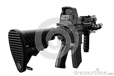Rear view of modern automatic rifle with collimator optical sight. Isolated. 3D Rendering Stock Photo