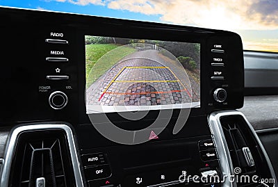 Rear view monitor for reversing system Car display and rear view camera parking assistant car navigation. Car rear view system Stock Photo