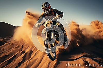 Rear view of a motocross rider jumping in the desert Stock Photo