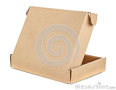 Rear view of open flat brown carton box isolated on white background Stock Photo