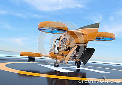 Rear view of orange Passenger Drone Taxi on helipad. Rear hatch and side door opened Stock Photo