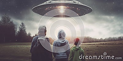 Rear view of paranoid family wearing tinfoil hats and looking at ufo in the sky, concept of Alien invasion anxiety Stock Photo