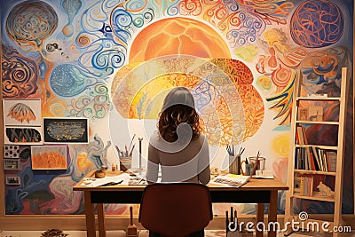 Rear view of a person sitting at a desk in an art therapy studio, contemplating a wall filled with colorful neurographic Stock Photo