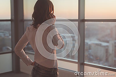 Rear view portrait of young worker speaking using cell phone, looking out the window. Female having business call, busy Stock Photo