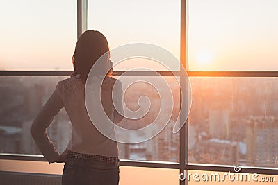 Rear view portrait of young worker speaking using cell phone, looking out the window. Female having business call, busy Stock Photo