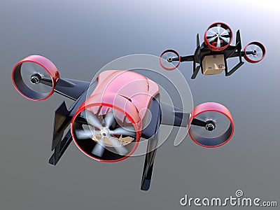 Rear view of red VTOL drones carrying delivery packages flying in the sky Stock Photo