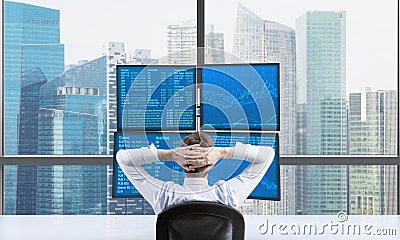 Rear view of a relaxing trader who is sitting in front of a trading station which consists of four screens with financial data. A Stock Photo