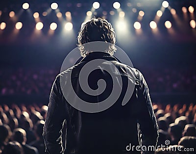 Rear view of rock musician on stage looking at crowd of fans, generative ai Cartoon Illustration