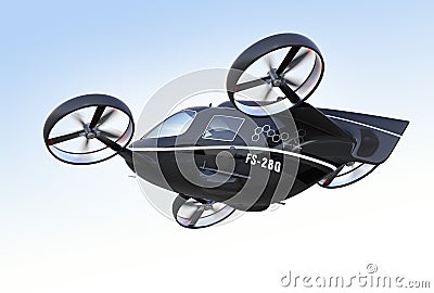 Rear view of self driving Passenger Drone flying in the sky Stock Photo