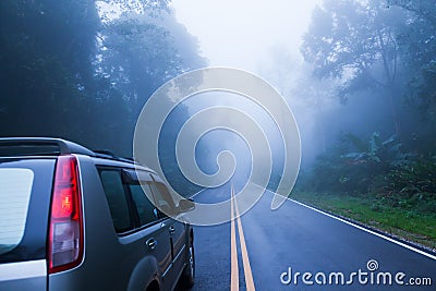 Rear view of silver SUV car on the asphalt road while through a misty mysterious tropical forest. Somewhere in North Thailand Stock Photo