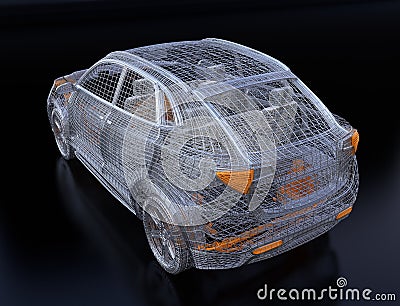 Rear view of silver and yellow wire frame of electric SUV on black background Stock Photo