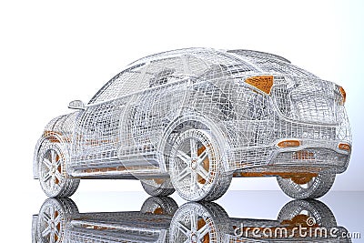 Rear view of silver and yellow wire frame of electric SUV on glossy ground Stock Photo