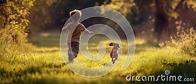 Rear view of a small kid running alongside a cute dachshund dog in a big grassy clearing. Daytime outside in the woods Stock Photo